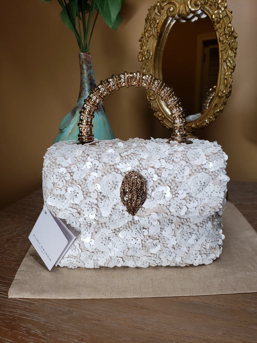 Kurt Geiger White Sequin Beaded Floral Top-Handle Satchel w/ Crossbody NWT! - Picture 4 of 17